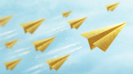 Illustration depicting flock of paper planes in motion following a larger golden plane. Aerial perspective set against soft pastel sky creates dynamic atmosphere.の素材