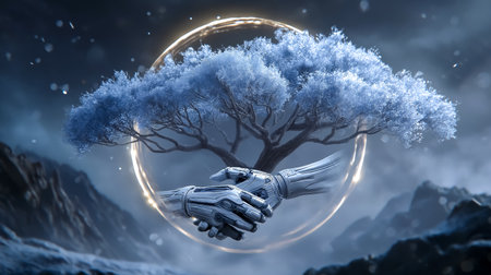 Robotic hands meet in unity against backdrop of a mystical tree with glowing circular light. Enigmatic and futuristic setting evokes themes of technology and nature.の素材