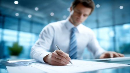Business professional focused on writing notes at contemporary office desk. Bright blue background creates a productive atmosphere. Concept of business, teamwork, professionalism.の素材