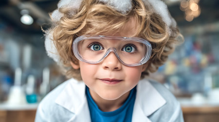 Boy in white lab coat and safety goggles, looking at camera with excitement. Colorful laboratory background filled with scientific equipment. Concept of education, childhood creativity, science.の素材