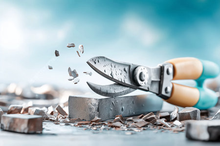 Garden shears cutting through metal objects with small shards flying. Bright workshop setting with clean surfaces and tools visible. Concept of metalwork, gardening, craftsmanship.の素材