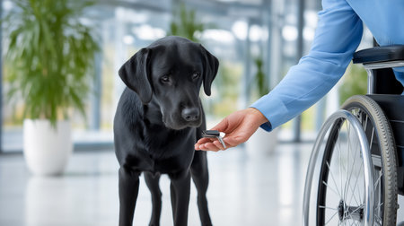 Person in wheelchair offers treat to black Labrador in bright, spacious indoor area with greenery. Welcoming atmosphere highlighting bond between humans and animals.の素材