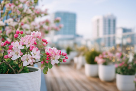 Flowers in white pots displaying pink and white blossoms against backdrop of city skyline. Bright rooftop garden emphasizes nature in urban living.の素材