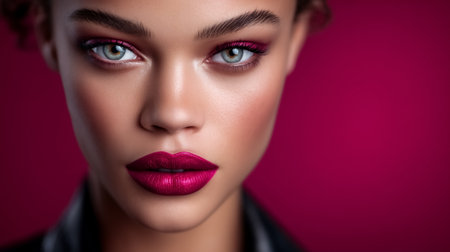 Close-up of model with intense gaze and expertly applied makeup. Bright fuchsia backdrop enhances striking features and bold lipstick. Concept of beauty, cosmetics, fashion photography.の素材