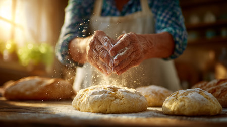 Hands of baker dusting dough with flour while preparing bread in cozy kitchen. Warm light filters through window, enhancing homely feel. Concept of baking, culinary arts, homemade food.の素材