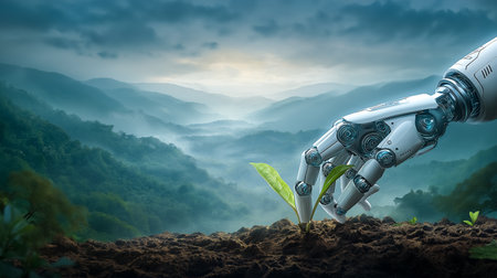 Robot hand carefully touches budding plant in fertile soil. Lush green hills create serene backdrop. Concept of technology, sustainability, environmental stewardship.の素材