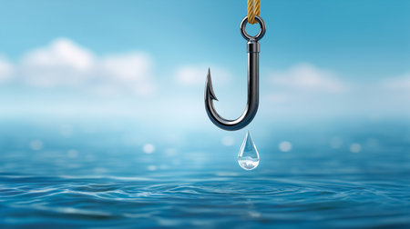 Fishing hook dangles over tranquil water surface with clear blue sky in the background. Drop of water hangs from hook. Concept of fishing, outdoor adventures, leisure activities.の素材
