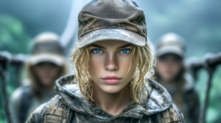 Woman with piercing blue eyes looks directly at camera, wearing camouflage gear in foggy forest. Muted colors and soft light create a mysterious atmosphere.の素材