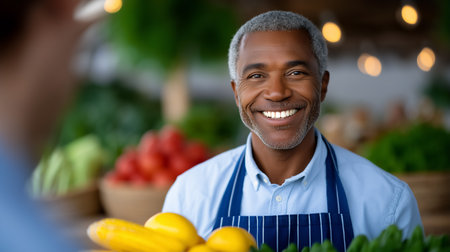 Market vendor smiles while holding fresh lemons and vegetables. Colorful produce surrounds him at lively farmers market during daytime. Concept of local organic food, community market, healthy living.の素材