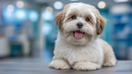 Puppy with fluffy coat lies down looking at camera, showcasing cheerful demeanor. Bright and airy pet care facility creates inviting atmosphere. Concept pet care, animal wellness, veterinarian.の素材