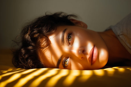 Woman with curly hair lying on yellow surface, sun rays casting shadows on her face. Soft and serene atmosphere in cozy indoor setting. Concept of beauty, wellness, self-reflection.の素材