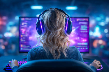 Gamer focuses on intense gameplay while wearing stylish headset. Colorful visual display creates engaging atmosphere in modern gaming setup. Concept of eSports, gaming, technology.の素材