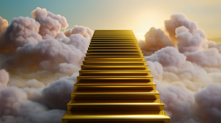 Escalator ascends into soft clouds illuminated by warm golden light. Dreamy, inspirational atmosphere enhances themes of growth and achievement. Concept of empowerment, motivation, self-improvement.の素材