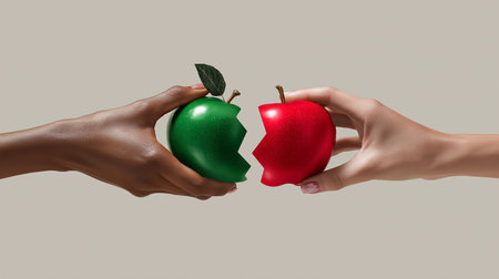 Two hands grasp colorful apples, one green and one red, symbolizing choice and division. Simple elegant background enhances message. Concept of health, nutrition, lifestyle.の素材