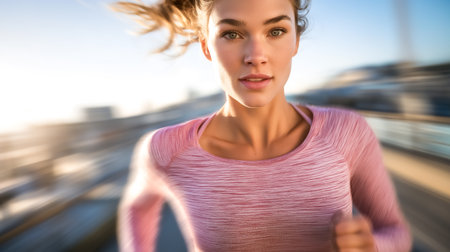 Woman running with focused determination along scenic waterfront path. Bright sunlight enhances her vibrant attire. Concept of fitness, wellness, athletic performance, sports motivation.の素材