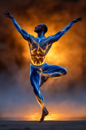 Person dancing expressively in water mist with vibrant colors and dynamic motion. Dramatic sunset creates energetic atmosphere, enhancing visual impact.の素材