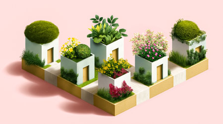 Colorful plants and flowers grow from stylish white structures arranged in a playful layout. Soft pink background adds to the aesthetic appeal. Concept of landscaping, gardening, home decor.の素材