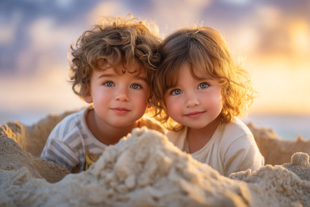 Children enjoy playful moment on sandy beach as sunset casts warm glow. Kids appear joyful while sitting in sand, capturing innocence and happiness. Concept of family, childhood, playtime.の素材