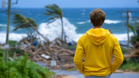 Individual in yellow raincoat gazes at storm-damaged shoreline with turbulent ocean waves. Coastal area in distress showcases fallen trees and debris.の素材