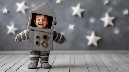 Child dressed in gray astronaut costume smiles while standing on wooden floor in a whimsical star-themed backdrop.の素材