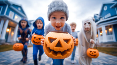 Children running excitedly with carved jack-o'-lanterns during Halloween celebration. Cozy neighborhood setting featuring charming homes. Concept of family fun, seasonal events, childhood joy.の素材