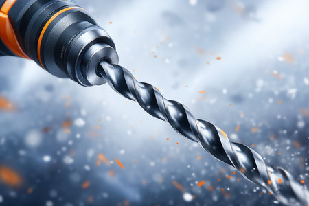 Drill spins rapidly creating metal shavings in dynamic workshop environment. Focus on fine details of tool and debris highlighting craftsmanship. Concept of construction, engineering, power tools.の素材