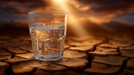 Glass filled with water sits on dry cracked earth illuminated by warm light. Symbolizes water scarcity and conservation. Concept of environmental awareness, sustainability, and climate change.の素材