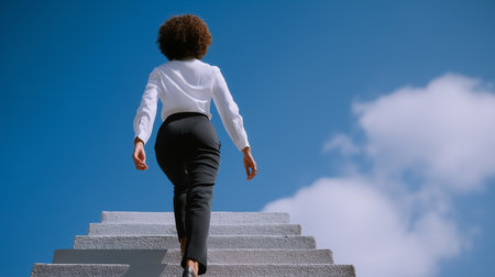 Woman ascends stairs with determination, dressed in professional outfit, against a backdrop of vibrant blue sky and fluffy clouds. Concept of personal growth, career advancement, motivation.の素材