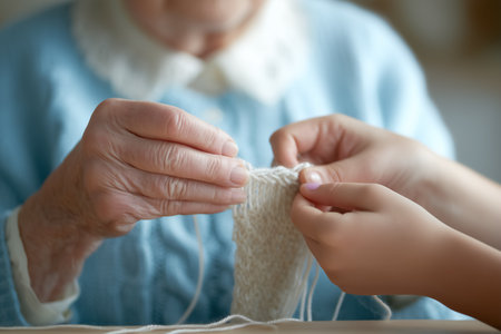 Elderly woman skillfully knits with young child helping in inviting indoor environment. Soft lighting highlights warm interaction between generations.の素材