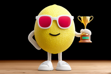 Chibbi lemon character wearing stylish sunglasses proudly holds a champion trophy. Black background enhances vibrant character. Concept of fun, celebration, awards.の素材