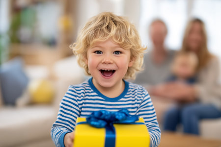 Child holds colorful gift with bright smile in inviting living room. Family members subtly present in background, creating warm atmosphere. Concept of celebrations, family togetherness, childhood joy.の素材