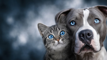 Cat and dog cuddle closely with blue eyes visible. Soft colors in background create warm ambiance. Indoor setting with focus on companionship. Concept of pet care, animal welfare, friendship.の素材