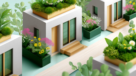 Stylish eco-friendly homes feature green rooftop gardens filled with vibrant plants. Lush greenery forms a serene setting, emphasizing sustainability and innovation in housing.の素材