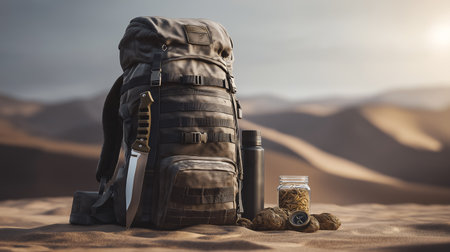 Backpack rests on sand with survival knife, water bottle, and jar of snacks nearby. Beautiful desert backdrop illuminated by warm sunset glow. Concept of outdoor adventure, survival gear, exploration.の素材