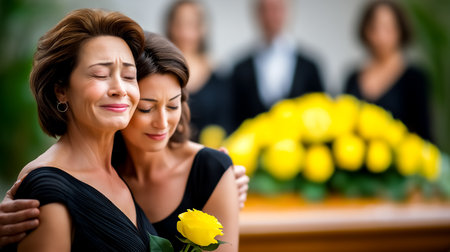 Two women embrace with tearful expressions during a memorial service filled with yellow roses. Background features supportive friends in formal attire, creating a solemn atmosphere.の素材