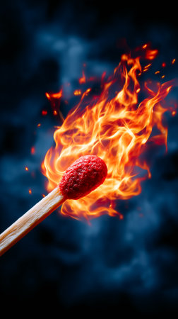 Flickering flame ignites match showcasing intense heat and brightness. Dark setting conveys suspense and risk. Concept of safety, emergency services, fire prevention.の素材