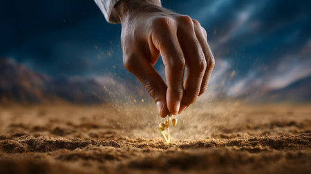 Hand plants seeds into rich soil with vibrant sky in background. Dust rises as seeds take root, capturing essence of agriculture and growth. Concept of farming, sustainability, gardening.の素材