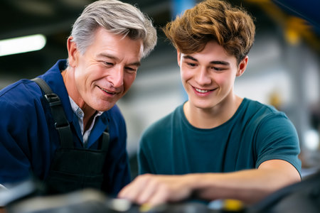 Mentor smiles while guiding young apprentice in automotive workshop. Bright and organized environment indicates focus on practical skills and learning.の素材