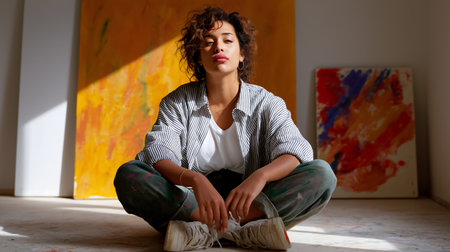 Female artist sitting cross-legged on floor in studio filled with vibrant abstract artwork. Bright light from windows enhances creative atmosphere, showcasing artistic expression.の素材