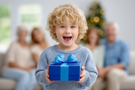 Boy with curly hair looking at camera while excitedly holding blue gift box. Cozy indoor setting with family members in background. Concept of family celebration, holidays, gift giving.の素材