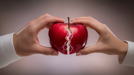 Hands are breaking a red apple, exposing a crack in the fruit. Warm neutral background lends a dramatic effect. Concept of psychology, nutrition, personal choice.の素材
