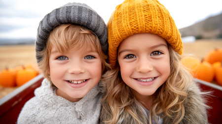 Two children smiling at camera, wearing colorful knitted hats. Warm, cozy atmosphere on pumpkin farm. Concept of family fun, seasonal activities, festivals.の素材