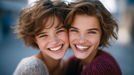 Two girls smiling widely and looking at camera while embracing each other in a vibrant urban area. Soft sunlight casts a warm glow suggesting cheerful atmosphere.の素材