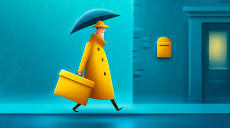 Courier walks through light drizzle, holding an umbrella and a parcel. Bright yellow raincoat contrasts with the rainy atmosphere. Concept of delivery services, logistics, e-commerce.の素材