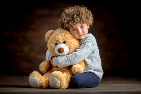 Child holding teddy bear and looking at camera. Soft indoor environment with warm lighting and textured brown backdrop. Concept of childhood innocence, emotional connection, family care.の素材