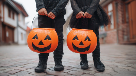 Children holding bright orange pumpkin buckets with smiling jack-o-lantern faces. Cobblestone street creates a whimsical Halloween atmosphere.の素材
