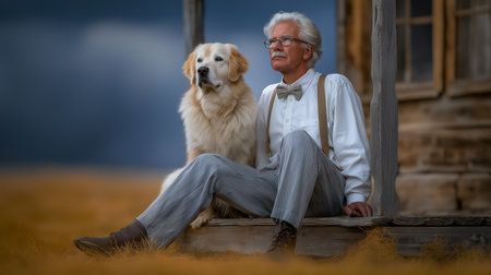 Middle-aged man sits on wooden porch with golden retriever beside him, gazing into distance. Rustic setting with tall grass, sun setting behind clouds.の素材