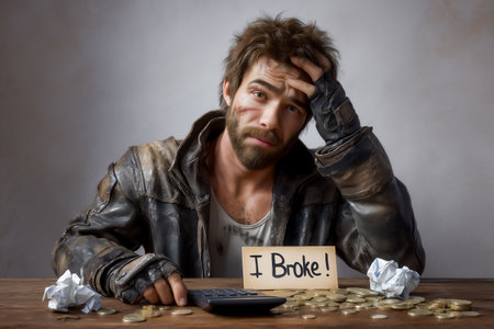 Man sitting at wooden table surrounded by crumpled bills and coins, clutching his head in despair. Dramatic lighting highlights his expression against a white wall.の素材