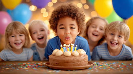 Child with curly hair blows candles on delicious chocolate cake at joyful birthday party. Colorful balloons and happy friends add to festive ambiance.の素材