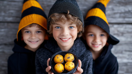 Three kids smiling and looking at camera while holding a bowl filled with bright treats. Cozy indoor setting with wooden background, showcasing festive attire and vibrant colors.の素材